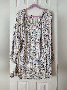 croft & barrow 3X Cream Floral Button-Front Tunic with Blue and Brown Accents